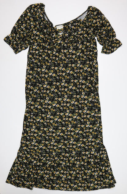 Be Fore Dawn Curve Women’s Black Floral Maxi Dress UK 22 Puff Sleeve