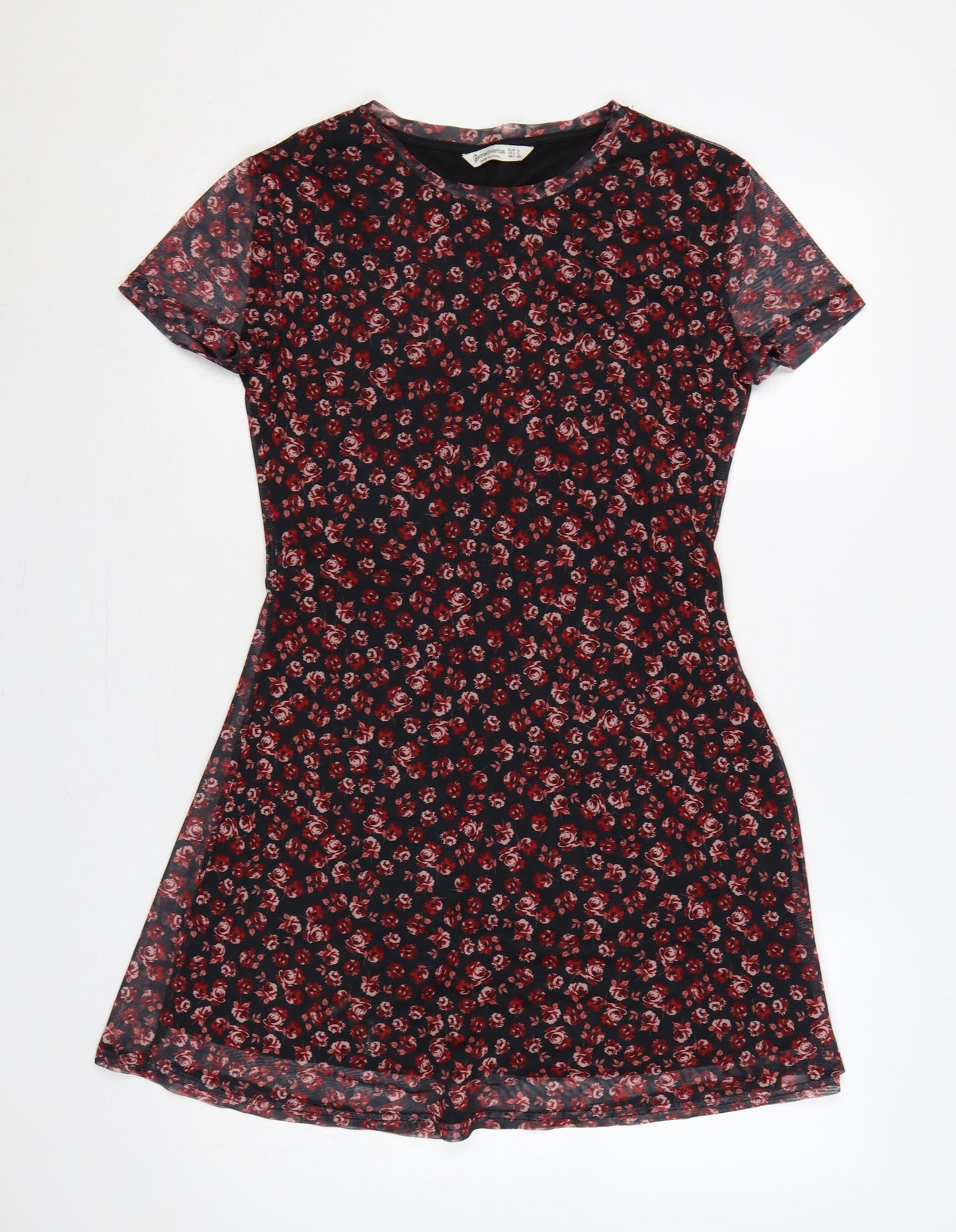 Stradivarius Women Black Red Floral L Fit & Flare Mesh Mini Dress