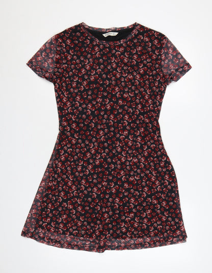 Stradivarius Women Black Red Floral L Fit & Flare Mesh Mini Dress
