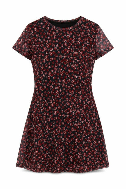 Stradivarius Women Black Red Floral L Fit & Flare Mesh Mini Dress