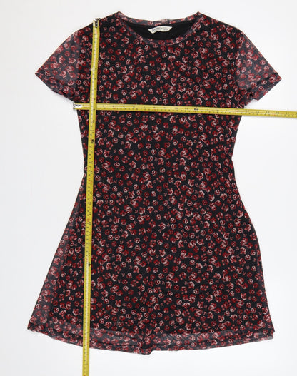 Stradivarius Women Black Red Floral L Fit & Flare Mesh Mini Dress