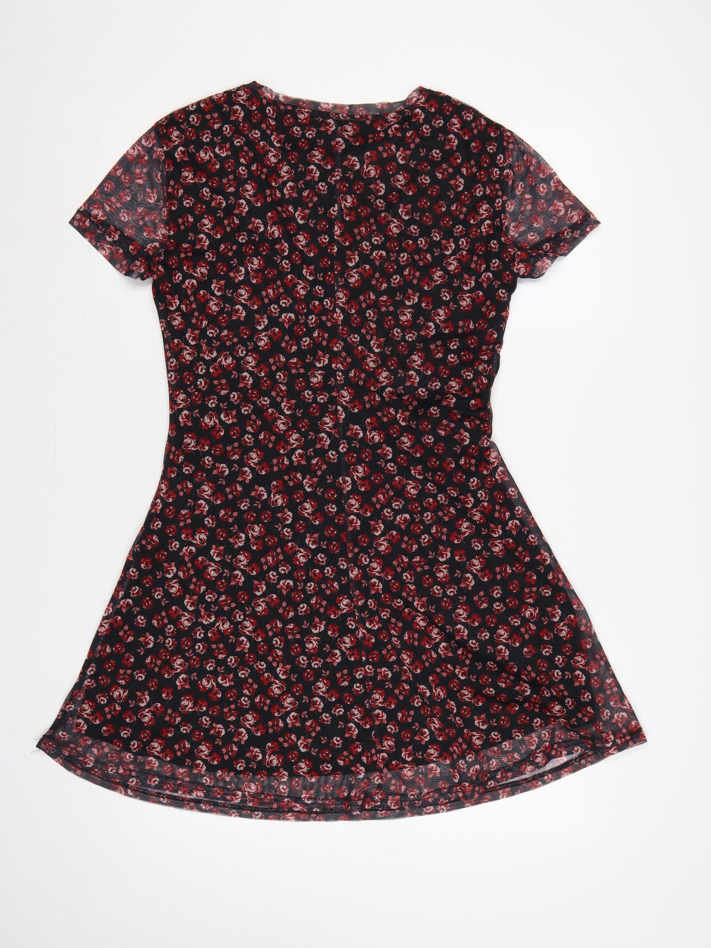 Stradivarius Women Black Red Floral L Fit & Flare Mesh Mini Dress