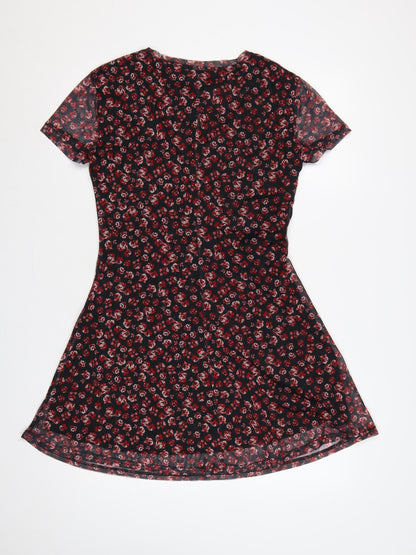 Stradivarius Women Black Red Floral L Fit & Flare Mesh Mini Dress