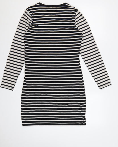 Superdry Women Black White Striped L Bodycon Jersey Knee Dress