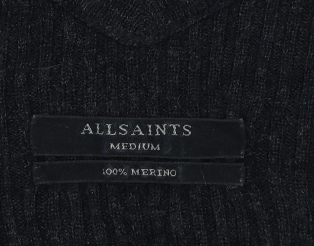 AllSaints Women Black M 100% Merino Wool V-Neck Ribbed Jumper