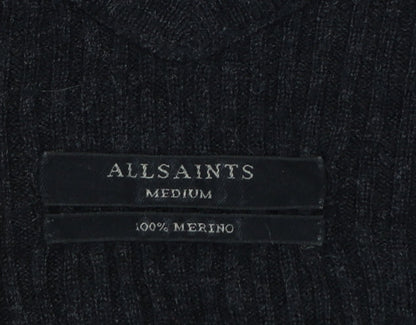 AllSaints Women Black M 100% Merino Wool V-Neck Ribbed Jumper