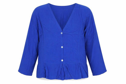 Angel Circle Women Blue Size 2 V-Neck Button 3/4 Sleeve Viscose Blouse