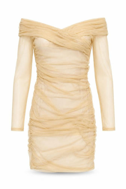 Boohoo Women Beige UK 6 Bodycon Off Shoulder Ruched Mesh Dress