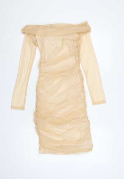 Boohoo Women Beige UK 6 Bodycon Off Shoulder Ruched Mesh Dress