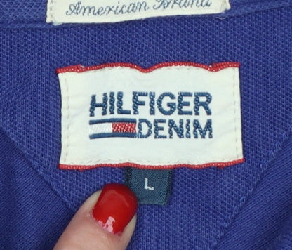 Brand and care label for Hilfiger Denim Men's Blue L Short Sleeve Logo Polo Shirt