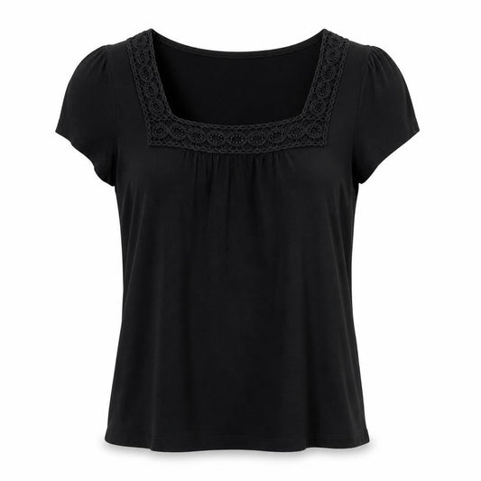 Banana Republic Women Black M Square Neck Lace Trim Short Sleeve Blouse