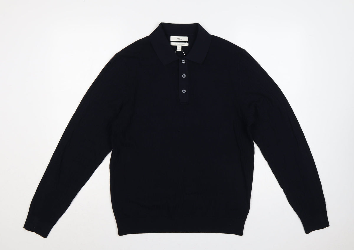 Marks and Spencer Men Black M Cotton Modal Collared Henley Jumper