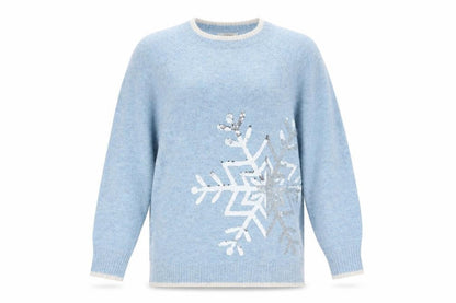 Merry Everything Women Blue UK 8 Sequin Snowflake Christmas Jumper