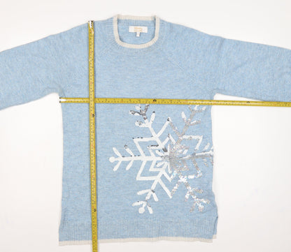 Merry Everything Women Blue UK 8 Sequin Snowflake Christmas Jumper