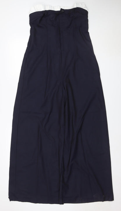 Zara Women Navy Blue UK 12 Wide-Leg Ruffle Waist Trousers