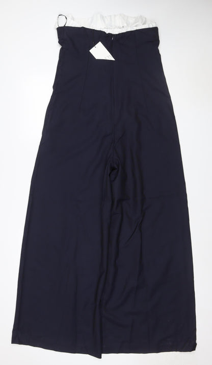 Zara Women Navy Blue UK 12 Wide-Leg Ruffle Waist Trousers