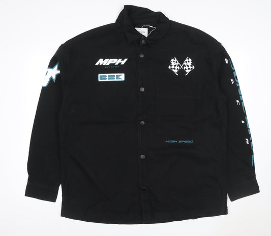 Bershka Men's Black Cotton Racing Graphic Snap Jacket