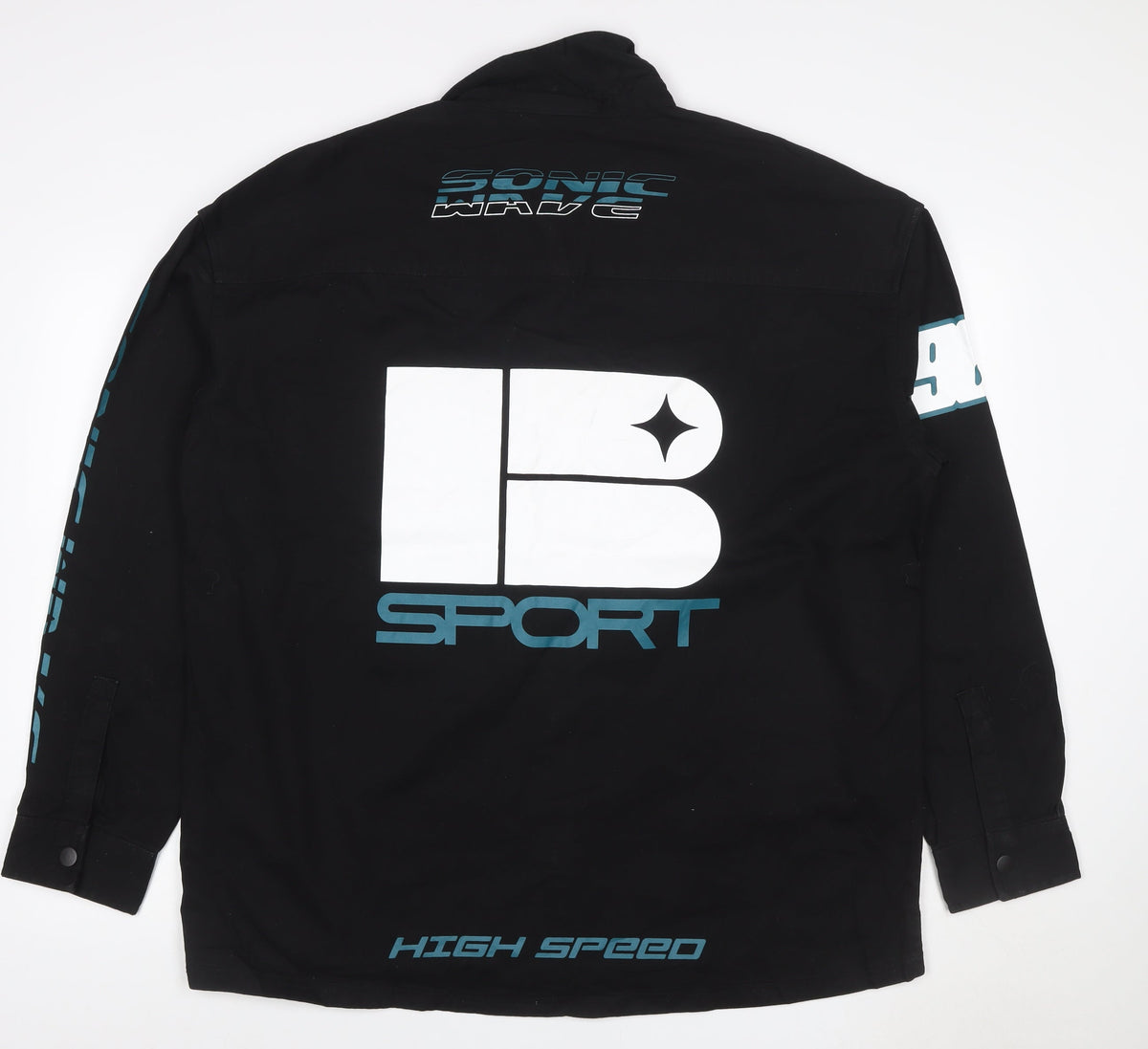 Bershka Men's Black Cotton Racing Graphic Snap Jacket