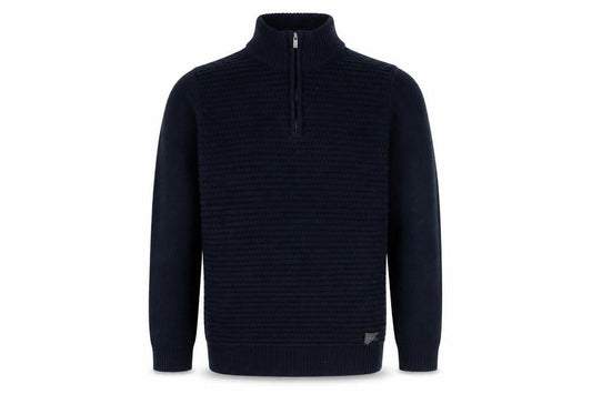 Front view of Broken Standard Men’s Black S 1/4 Zip High Neck Knit jumper