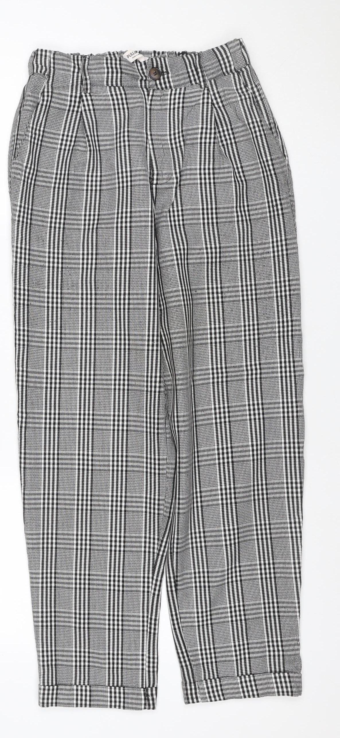 Pull&Bear Women’s Grey Check Paperbag Trousers UK 8 High Rise