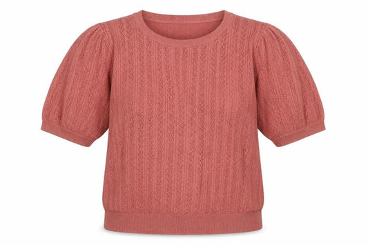 b.young Women Pink XL Puff Sleeve Pointelle Knit T-Shirt Top