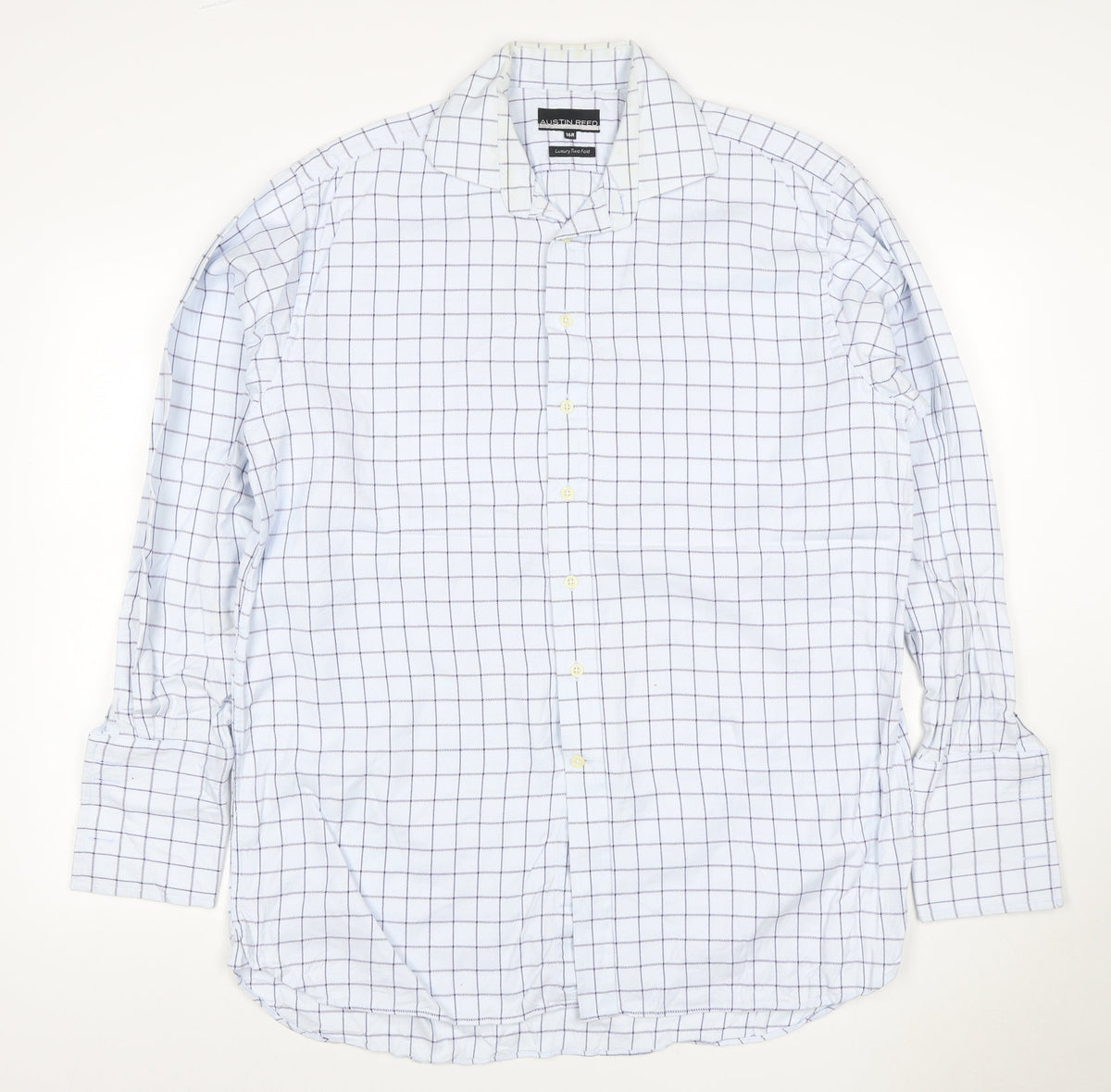 Austin Reed Men White Blue Check Cotton Shirt 16R Regular Long Sleeve