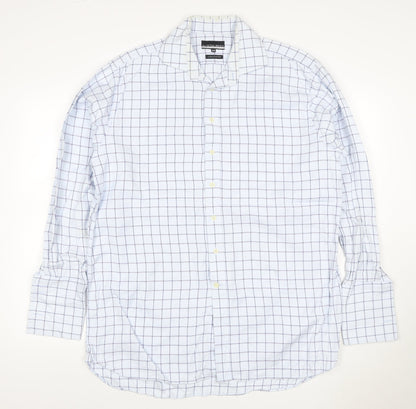 Austin Reed Men White Blue Check Cotton Shirt 16R Regular Long Sleeve