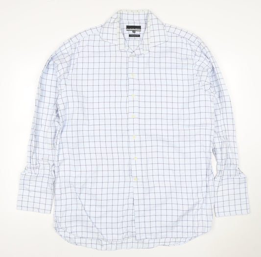Austin Reed Men White Blue Check Cotton Shirt 16R Regular Long Sleeve