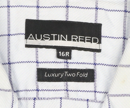 Austin Reed Men White Blue Check Cotton Shirt 16R Regular Long Sleeve