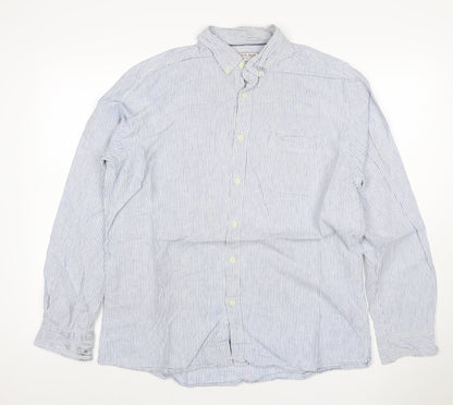 TU Men’s Blue White Striped Linen Cotton Button-Down Shirt L