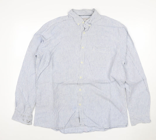 TU Men’s Blue White Striped Linen Cotton Button-Down Shirt L