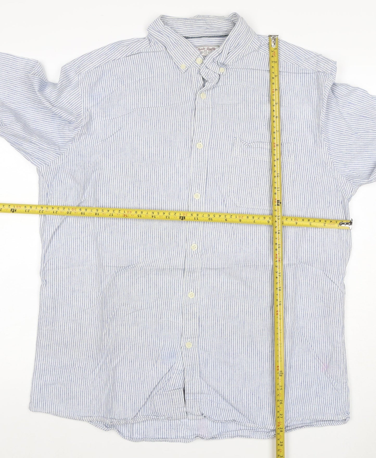 TU Men’s Blue White Striped Linen Cotton Button-Down Shirt L