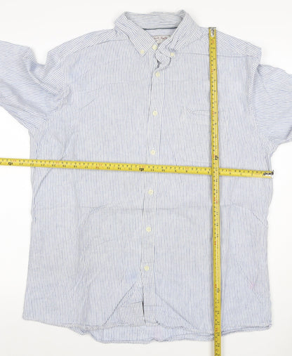 TU Men’s Blue White Striped Linen Cotton Button-Down Shirt L