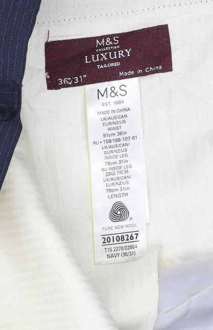 Marks and Spencer Men Blue Pinstripe Wool Dress Trousers 36in 31in
