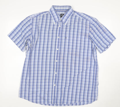 BOSS Hugo Boss Men Blue Check 7 Plus Button-Down Short Sleeve Shirt