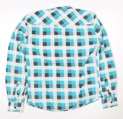 Mens M Turquoise Check Cotton Button-Up Long Sleeve Shirt