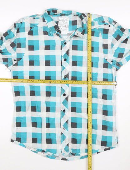 Mens M Turquoise Check Cotton Button-Up Long Sleeve Shirt