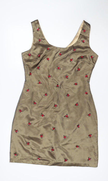 Miss Selfridge Women Brown Floral Embroidered Shift Dress UK 14