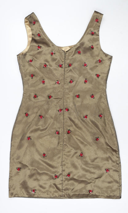 Miss Selfridge Women Brown Floral Embroidered Shift Dress UK 14