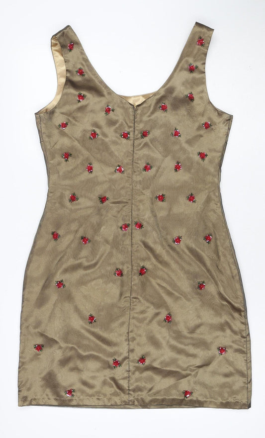 Miss Selfridge Women Brown Floral Embroidered Shift Dress UK 14