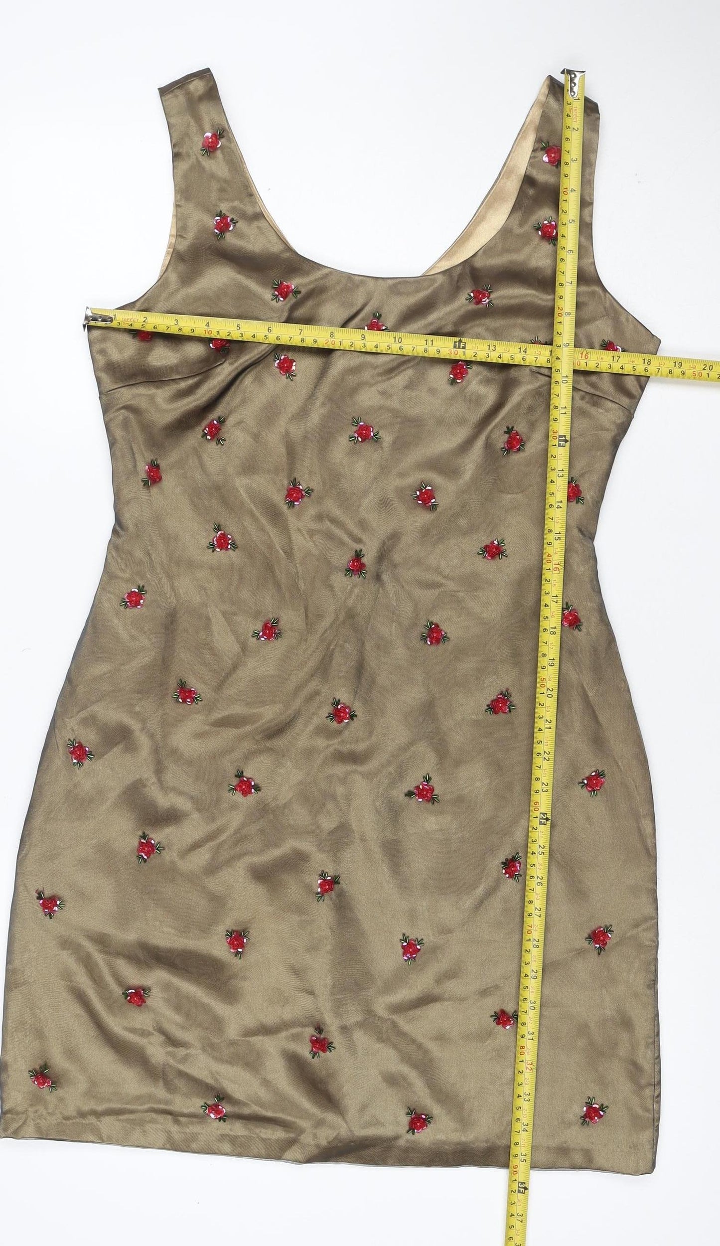 Miss Selfridge Women Brown Floral Embroidered Shift Dress UK 14