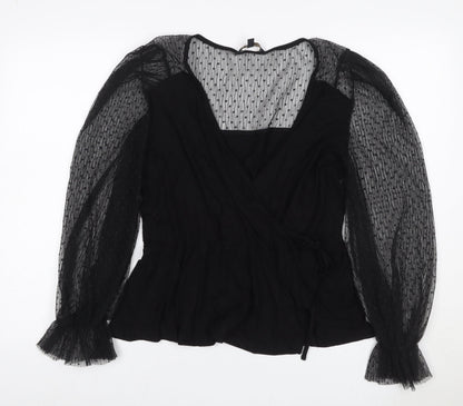 Lipsy Women’s Black UK 18 Wrap Blouse Sheer Mesh Balloon Sleeves