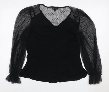 Lipsy Women’s Black UK 18 Wrap Blouse Sheer Mesh Balloon Sleeves