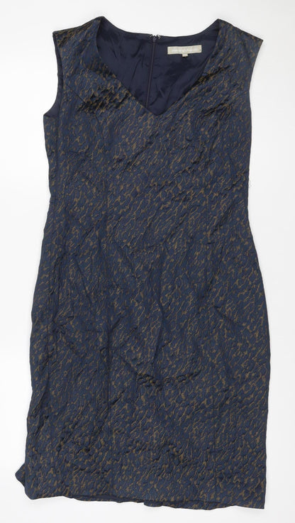 Henry W. Mason Women’s Blue Gold Houndstooth Jacquard Sheath Dress UK 14