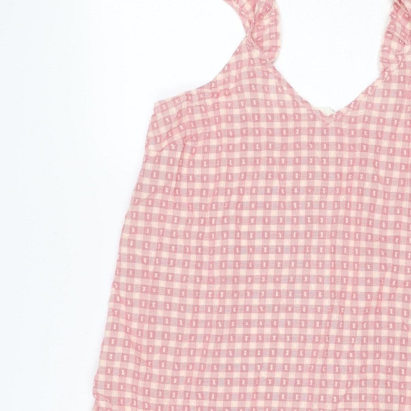 Marks and Spencer Women Pink Check Tie Strap Ruffle Shift Dress UK 8