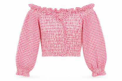 Zara Women Pink XS Gingham Cropped Smocked Ruffle Blouse
