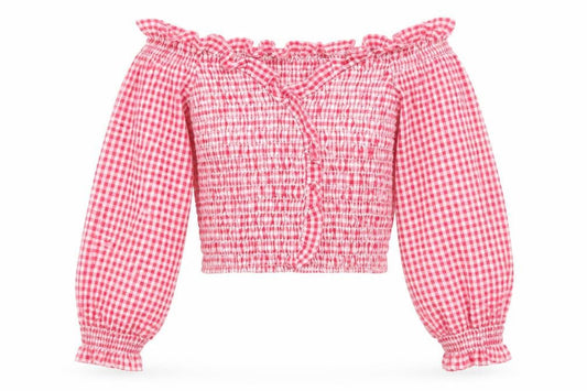 Zara Women Pink XS Gingham Cropped Smocked Ruffle Blouse