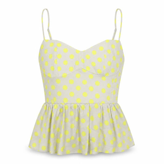 Zara Women Beige Yellow Polka Dot Sheer Peplum Blouse Size S