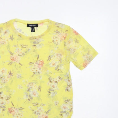New Look Women Yellow Floral Sheer Chiffon Blouse UK 6 Short Sleeve