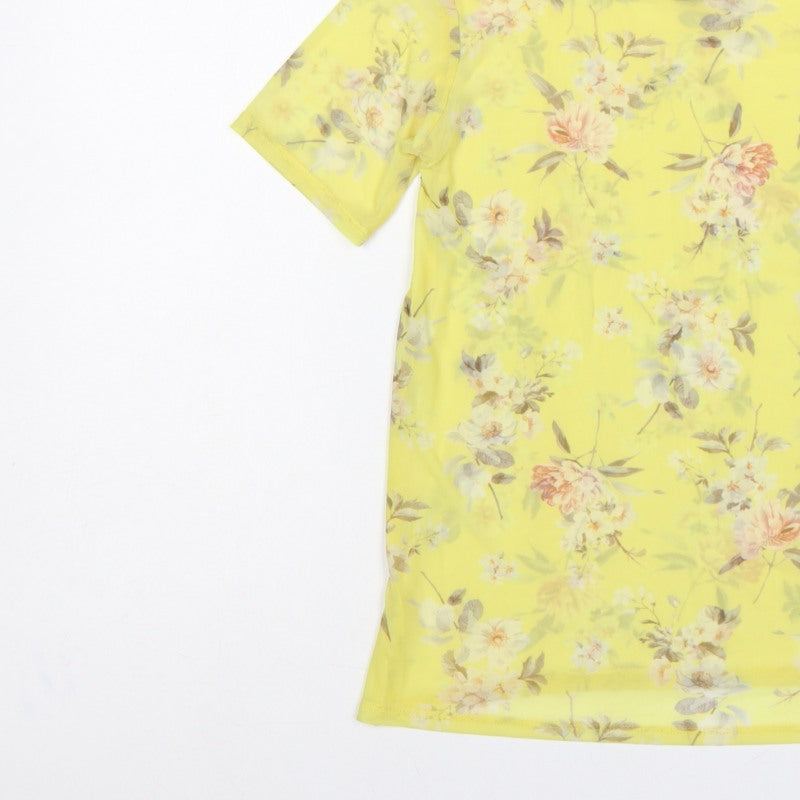 New Look Women Yellow Floral Sheer Chiffon Blouse UK 6 Short Sleeve